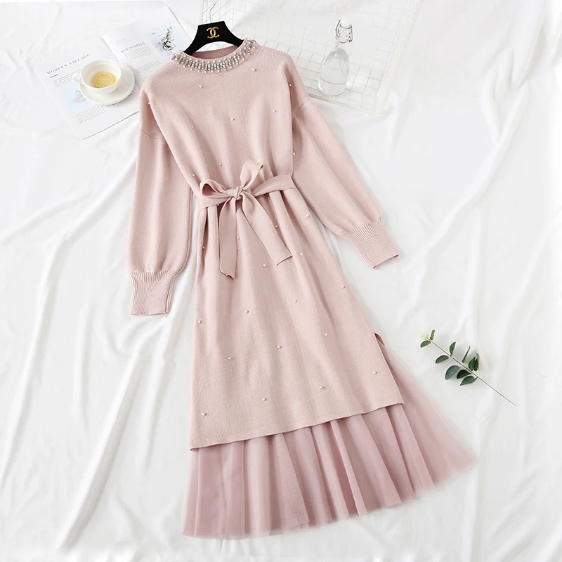 Женское платье свитер 2020 осенне зимнее с длинным рукавом и бусинами в стиле ретро