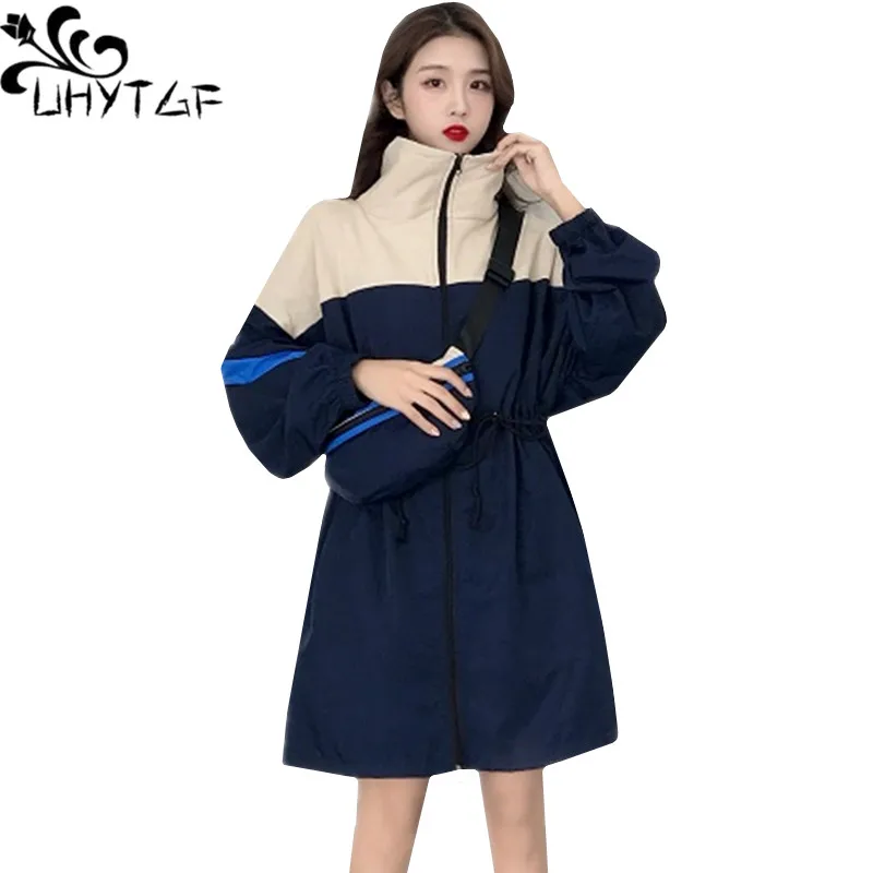 

UHYTGF Mid-length women's spring windbreaker outerwear Retro loose Oversized coats Female splice Student casual trench coat 368