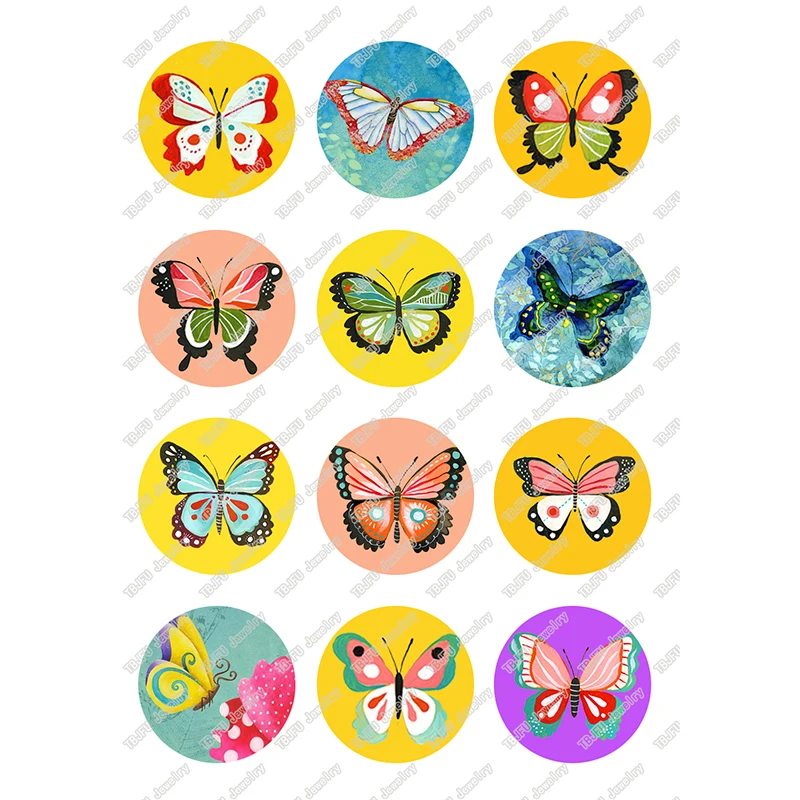 

24pcs/lot Beauty Colorful butterfly 10mm/12mm/14mm/16mm/18mm/25mm Round photo glass cabochon demo flat back Making findings T087