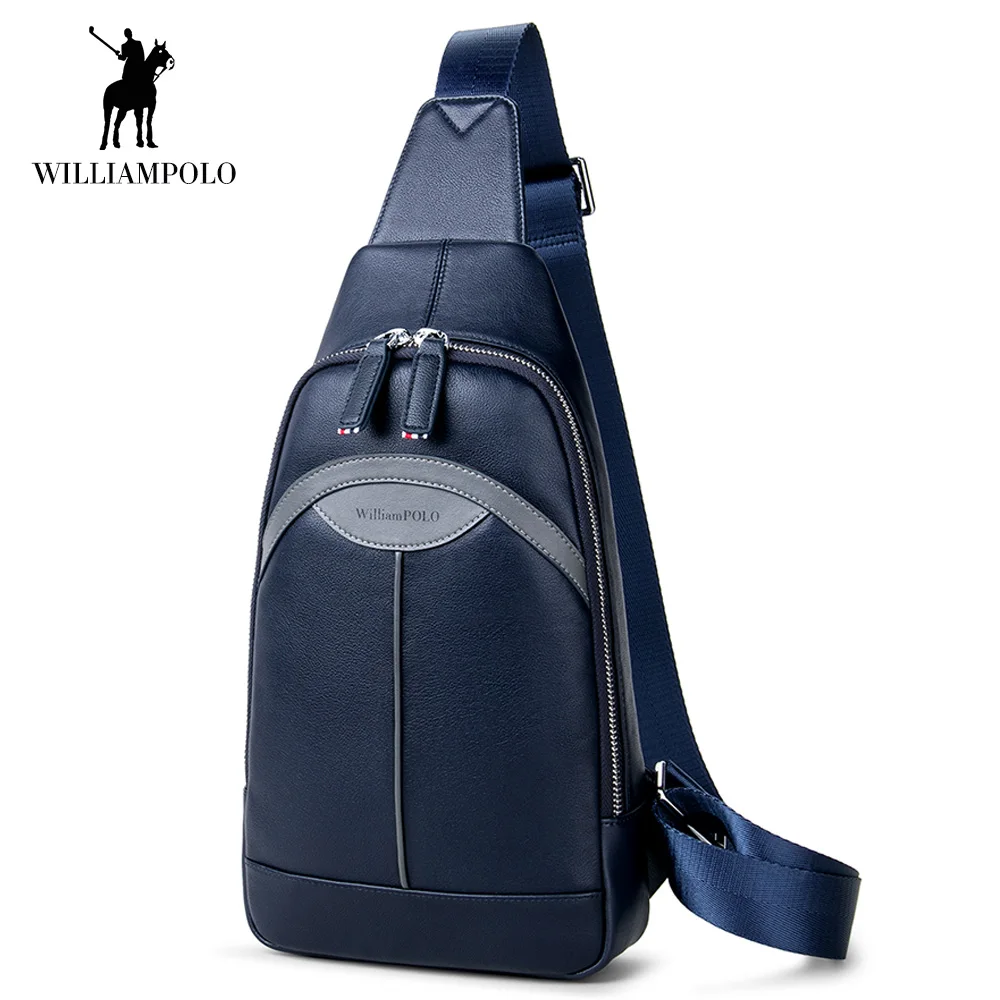 WilliamPOLO 2018 New Fashion Genuine Leather Chest Bag for Men Blue Crossbody Sling Bag Adjustable Strap Casual Large Capacity