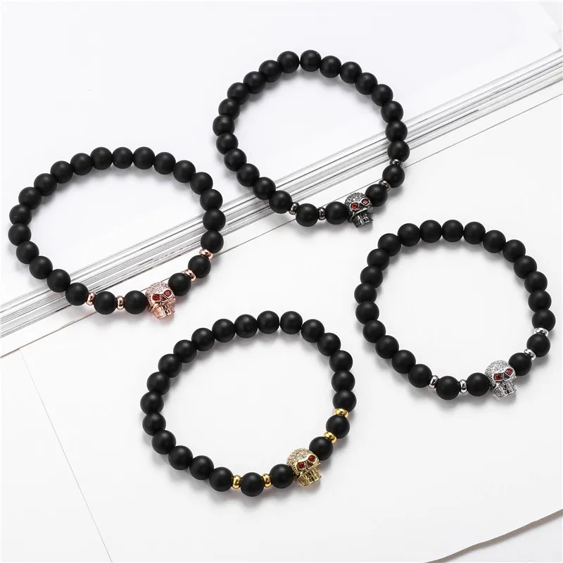 Женский и мужской браслет из головы черепа классические черные матовые бусы