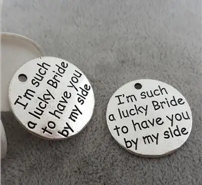 

Newest Design Special 10 Pieces/Lot Diameter 25mm Letter Printed Lucky Bride Round Disc Charms For Wedding Presents