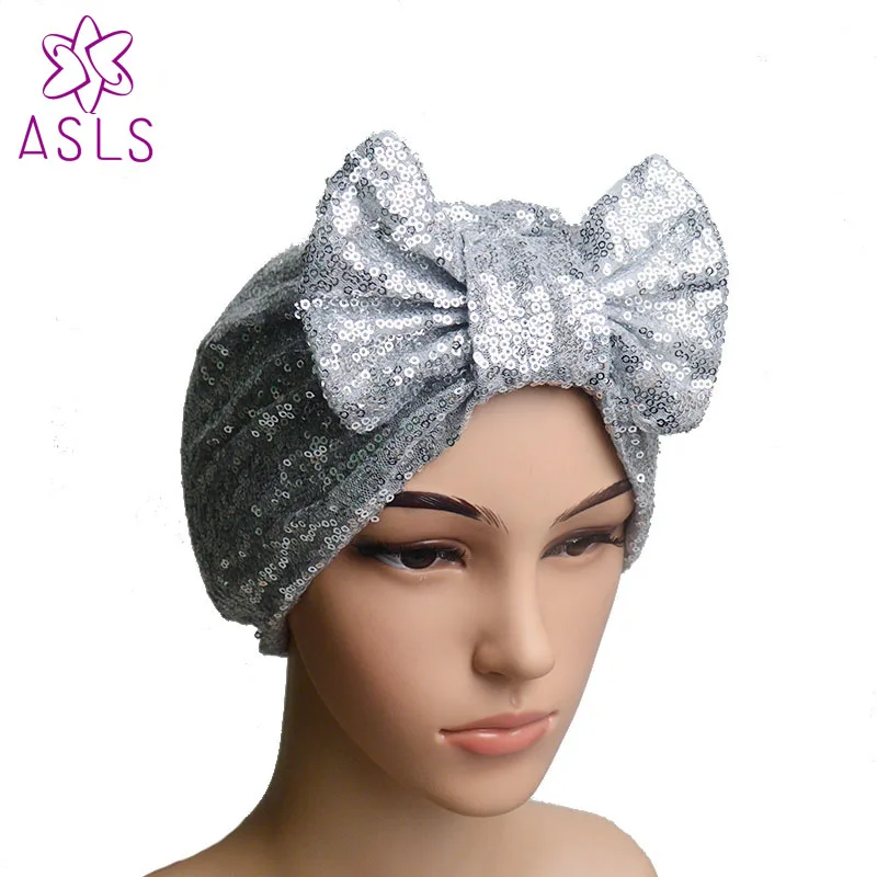 

Fast shipping New Elegant Women Butterfly bow Sequins headscarf wrap head turban soft knotted turban Beanie Cap Turbante