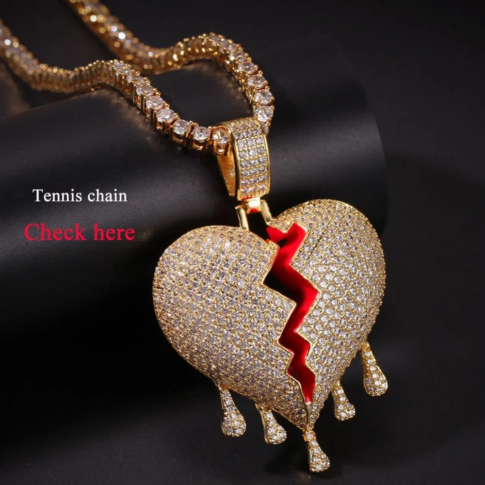 Хип-хоп AAA CZ кубический цирконий Bling Iced Out сломанная вода падение Сердце Подвески ожерелье для мужчин раппер ювелирные изделия золото серебро