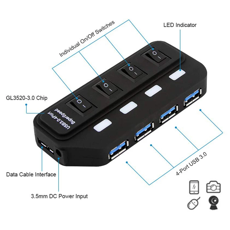 Высокоскоростной концентратор USB 3 0 на 4 и 7 портов с выключателем OnOff адаптер