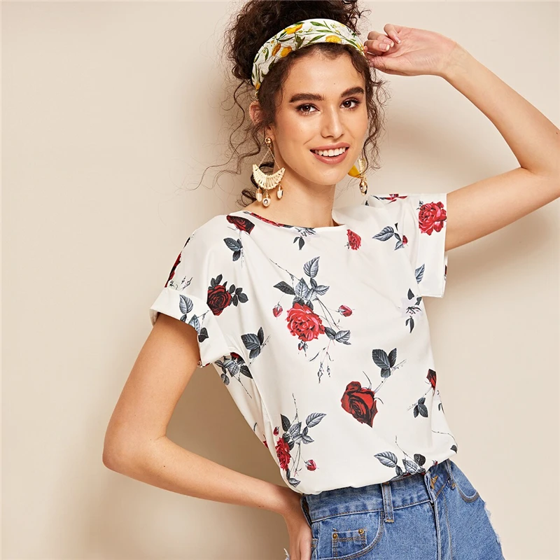 Dotfashion белая женская блузка с цветочным принтом, свернутые манжеты,, летняя повседневная одежда с коротким рукавом, женские корейские модные топы