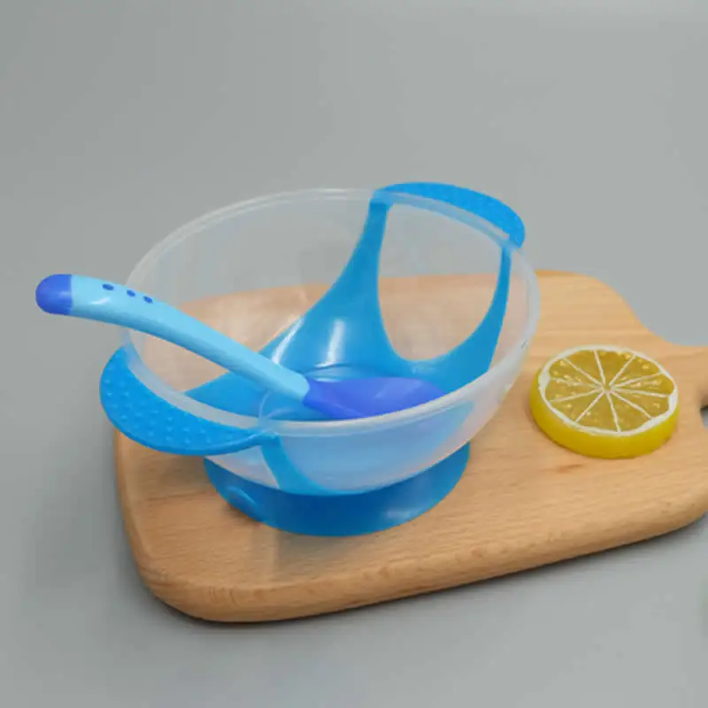 The blue bowl spoon baby Solid Feeding dinnerware Feeding Set Baby Cutlery Sets Drop Resistance Temperature Sensing Spoon Sucker Bowl For Baby Feed - Цвет: The blue bowl spoon
