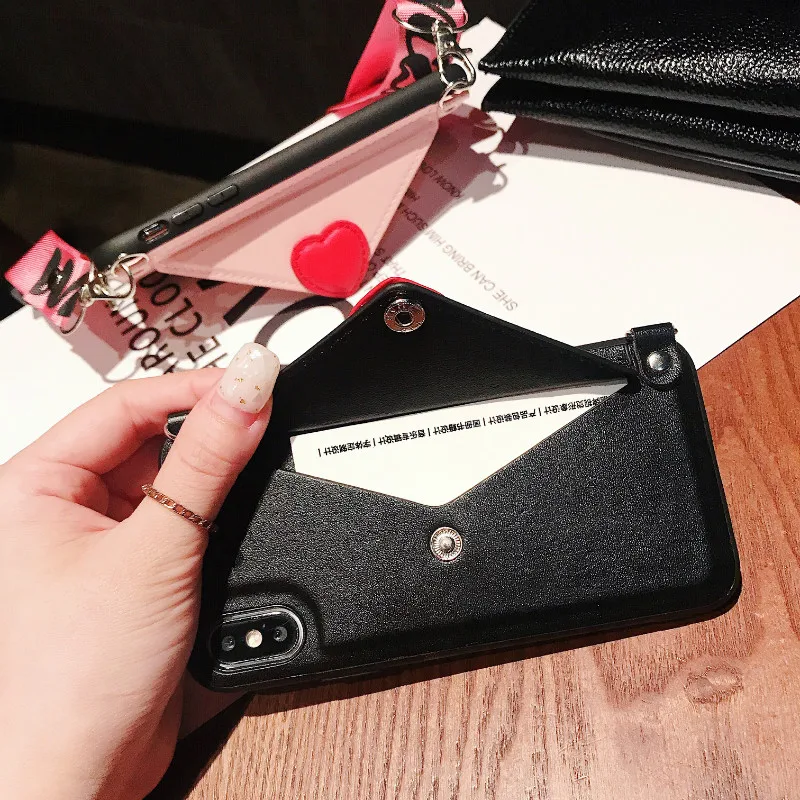 cute card wallet leather phone case Crossbody bag for iphone XS MAX case 11 pro max X XR 6S 7 8 plus s10 plus s8 s9 note8 note9