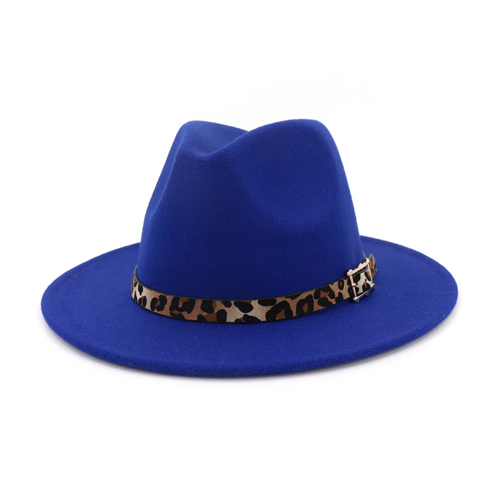Blue Шерстяная фетровая шляпа Панама Джаз Fedoras Шляпы с леопардовым ремнем плоские полями формальная Вечеринка и сцена топ шляпа для женщин мужчин унисекс - Цвет: Blue