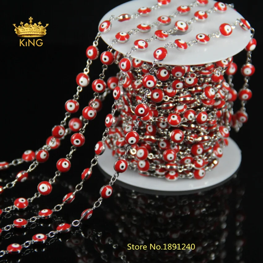 Wholesale 6MM Red Evil Eye Charms Coin Beads Wire Wrapped Beaded Chains Men Rosary Chain For Bracelet Necklace DIY Jewelry DS007 |