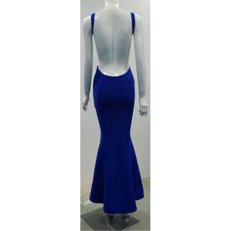

High Quality Sexy Women Dress Royal Blue Rayon Backless Bandage Long Dress Hot Sale