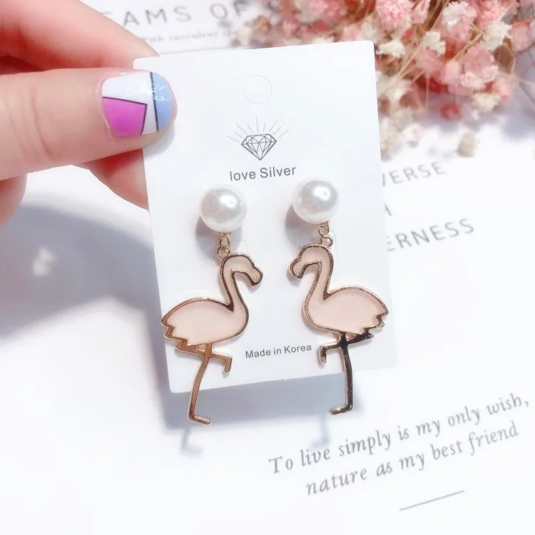 pink crane bird pearl earring Hypoallergenic fadeless fashion jewelry stud earrings women girl gift | Украшения и аксессуары