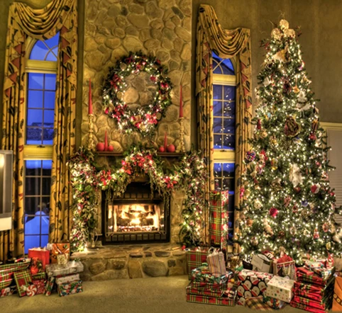 

10x10FT Stone Wall House Garland Fireplace Blue Window Christmas Tree Photography Backdrops Studio Backgrounds Vinyl 8x8 8x10