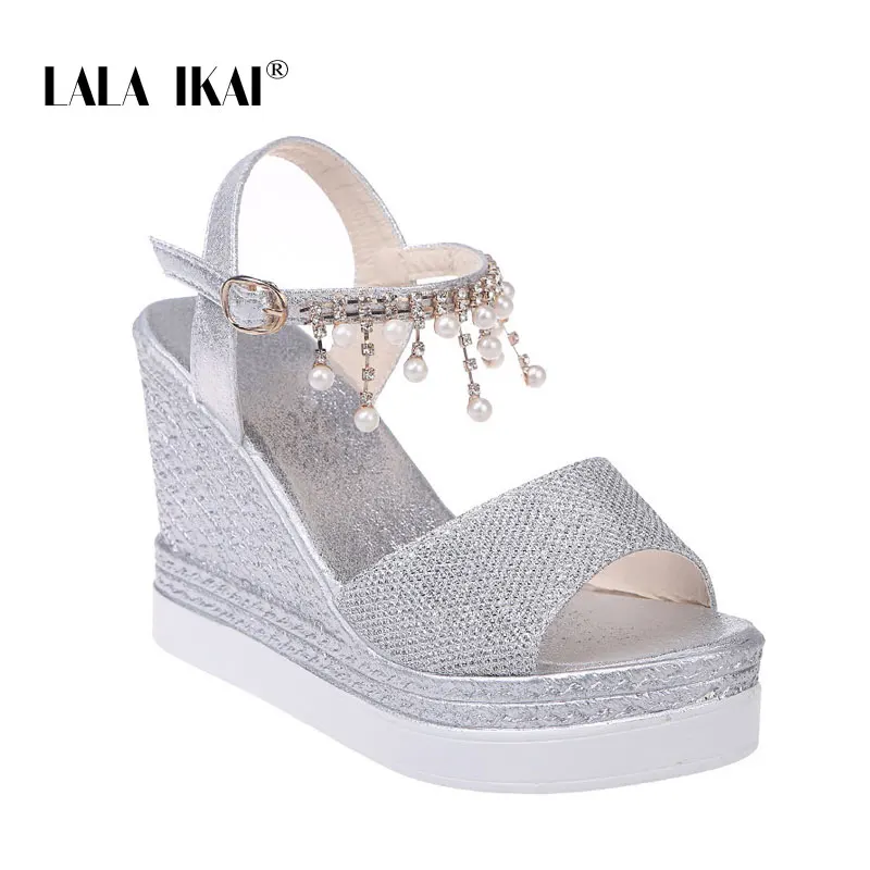Silver LALA IKAI/босоножки на танкетке; женские босоножки на платформе; обувь на высоком каблуке; стразы; кисточка; удобная водонепроницаемая обувь на платформе; 014C3900-4 - Цвет: Silver