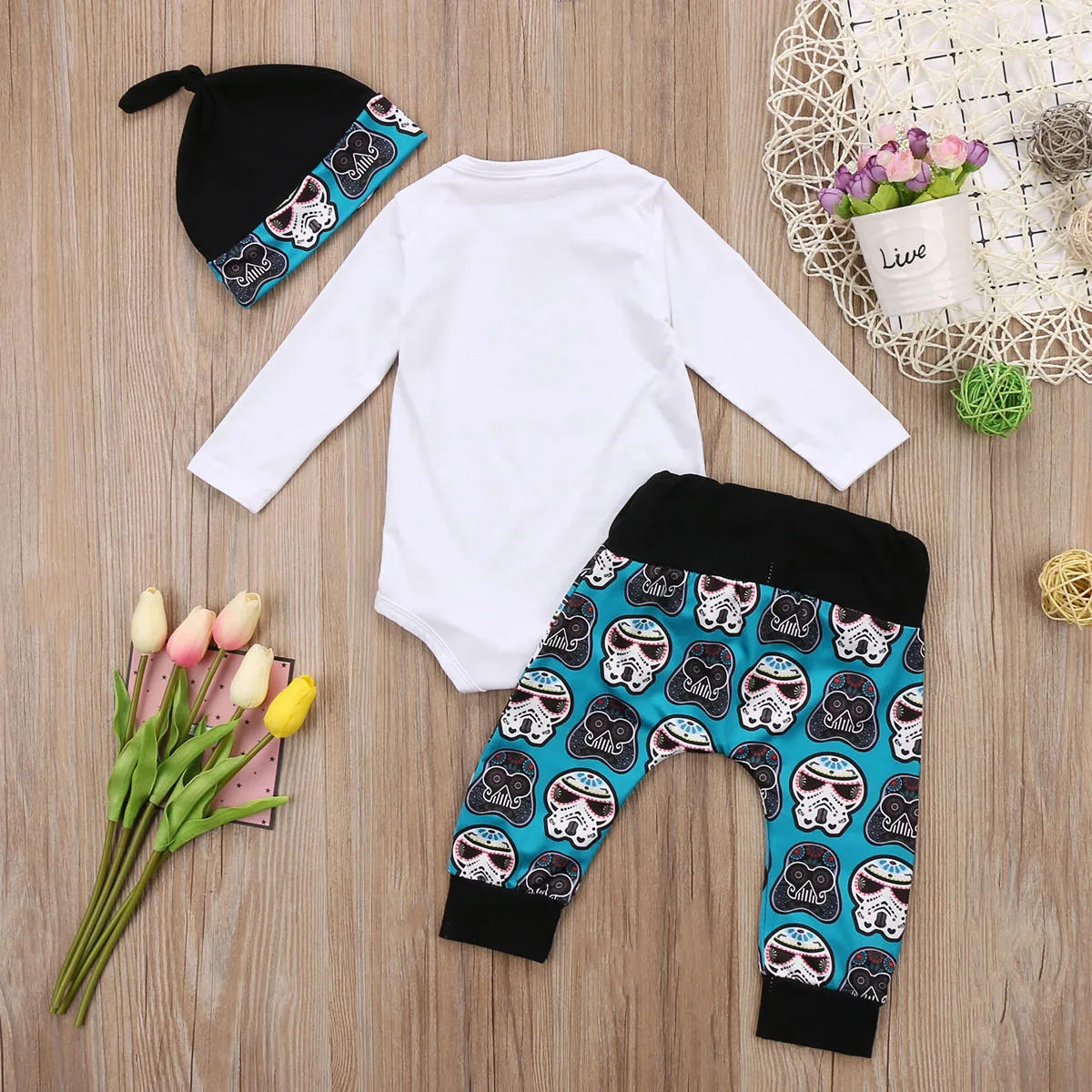 Toddler Baby Boys Girls 0-18M Fashion Clothes 3PCS Long Sleeve Cartoon Letter Print White Romper Tops+Long Pants+Hats | Детская одежда