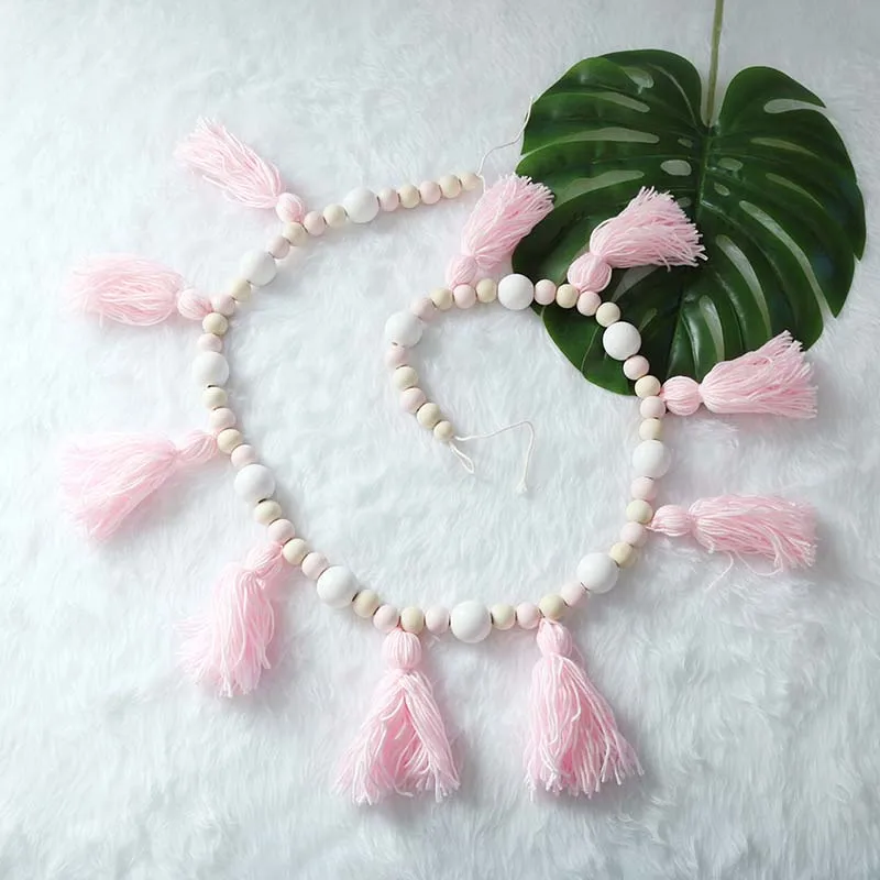 pink with pink bead 1,5 м INS, скандинавские деревянные бусины в виде макаруна, Висячие с кисточкой, декоративный навес для детской комнаты, кроватки, палатки, бампера, аксессуары, постельное белье - Цвет: pink with pink bead