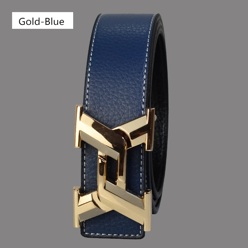 Gold Blue Luxury Belts for Men Fashion Business Casual High Quality Smooth Buckle Designer Male Leather Belts - Цвет: Gold Blue