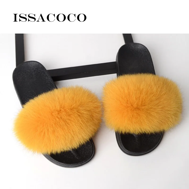 Yellow ISSACOCO/летние женские меховые тапочки; женские шлепанцы из натурального Лисьего меха; Домашние меховые сандалии на плоской подошве; Женская милая пушистая домашняя обувь; вьетнамки - Цвет: Yellow