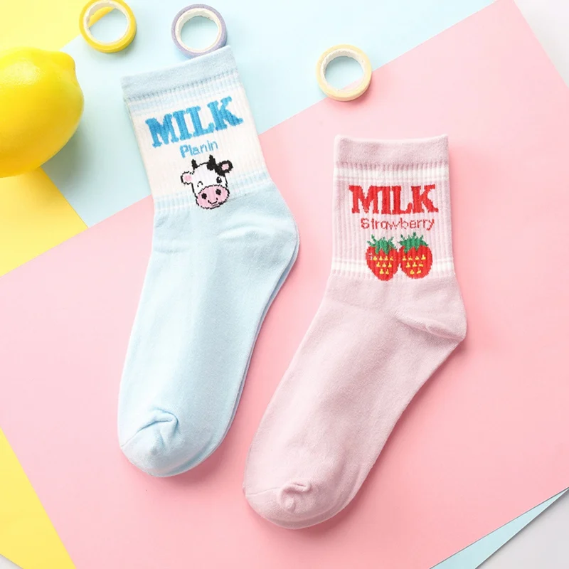 Kawaii жаккардовые фрукты Клубника молочный розовый/белый женские носки японские