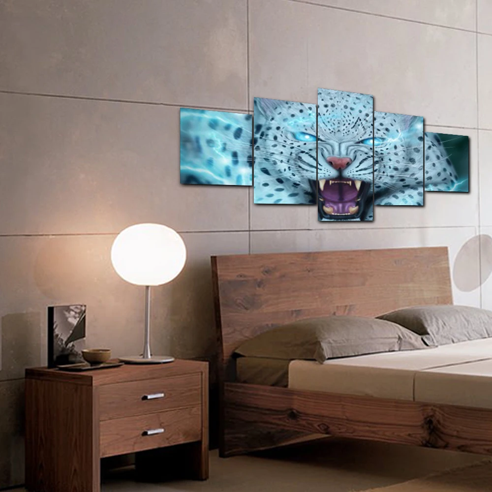 Без рамки 5 панели с постерами Wild Animal Leopard Wall Art винтажная Холст Картина маслом для