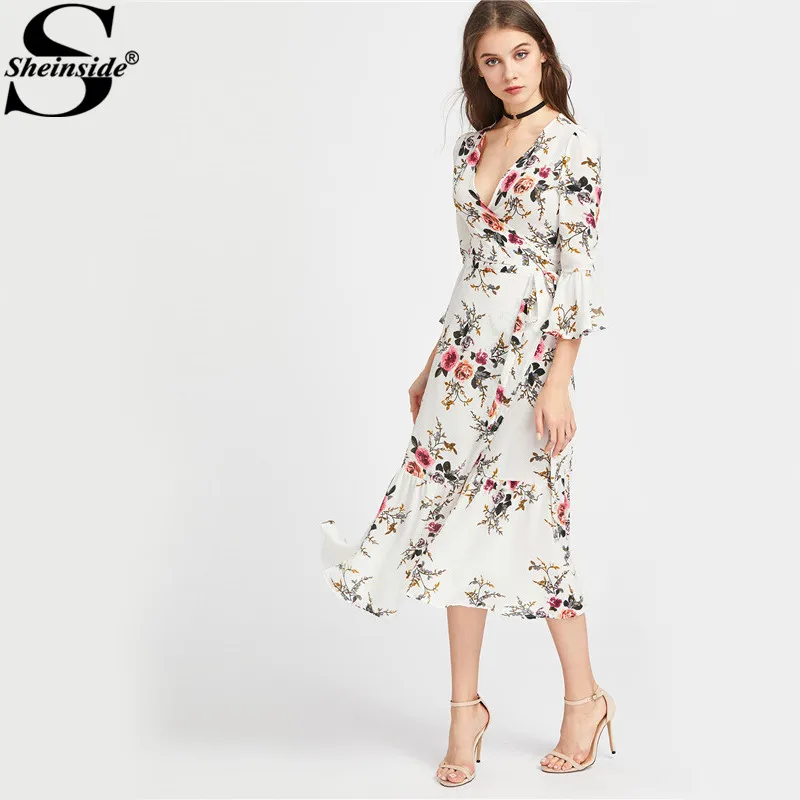 Sheinside, шифоновое летнее платье, женское, цветочное, v-образный вырез, сексуальное, с разрезом сбоку, элегантное, миди, платья,, с расклешенными рукавами, повседневное, Пляжное Платье