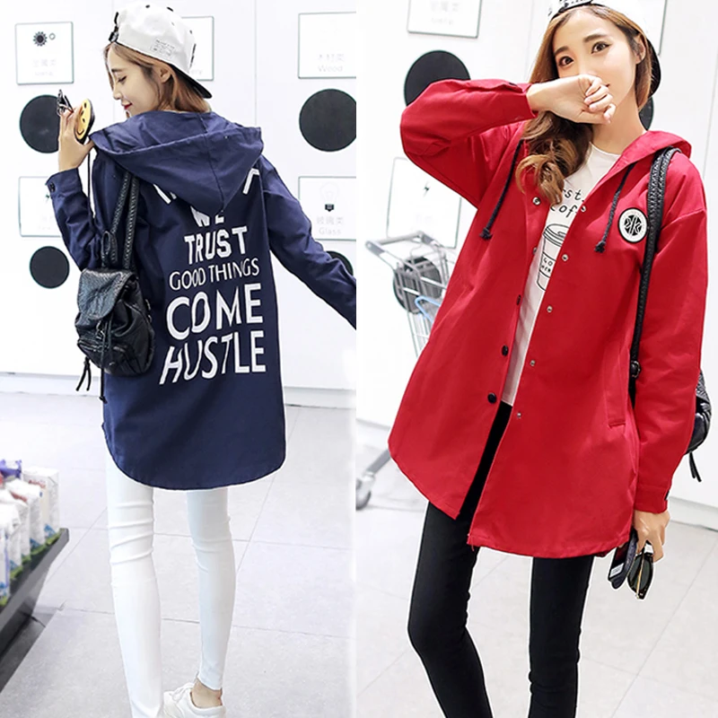 2018 autumn winter women trench coats large size fashion wild long casual loose coat printing letters Hooded Trench Women Coats | Женская