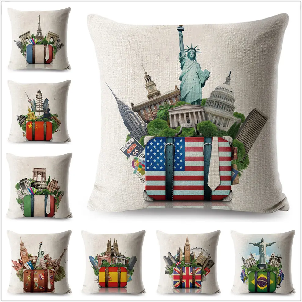

World Famous Scenic Sign Building Pillow Cover Linen Bedroom 45*45cm Pillow Case