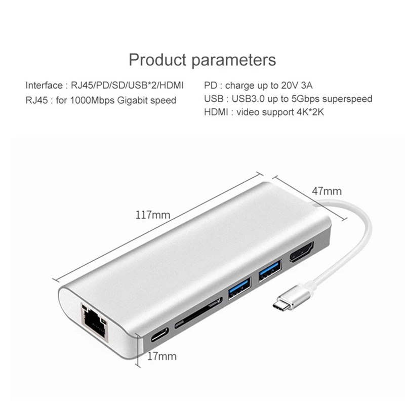 USB-C Hub алюминиевый адаптер типа C с HDMI портом порт Gigabit Ethernet USBC Power Delivery 2 USB 3 0 s SD