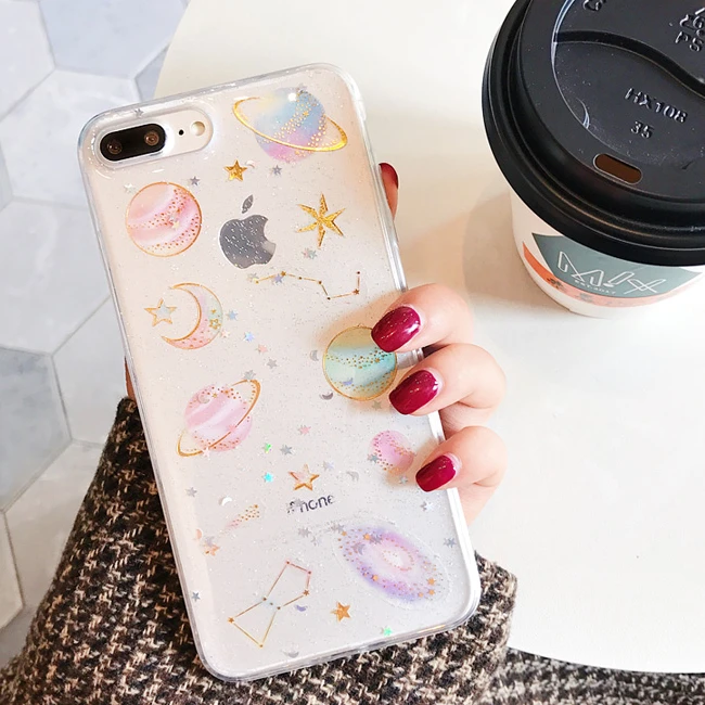 Bling Glitter Planet Sakura Transparent Soft Gel Case Cover For Apple iPhone X 6S 7Plus 8Plus |