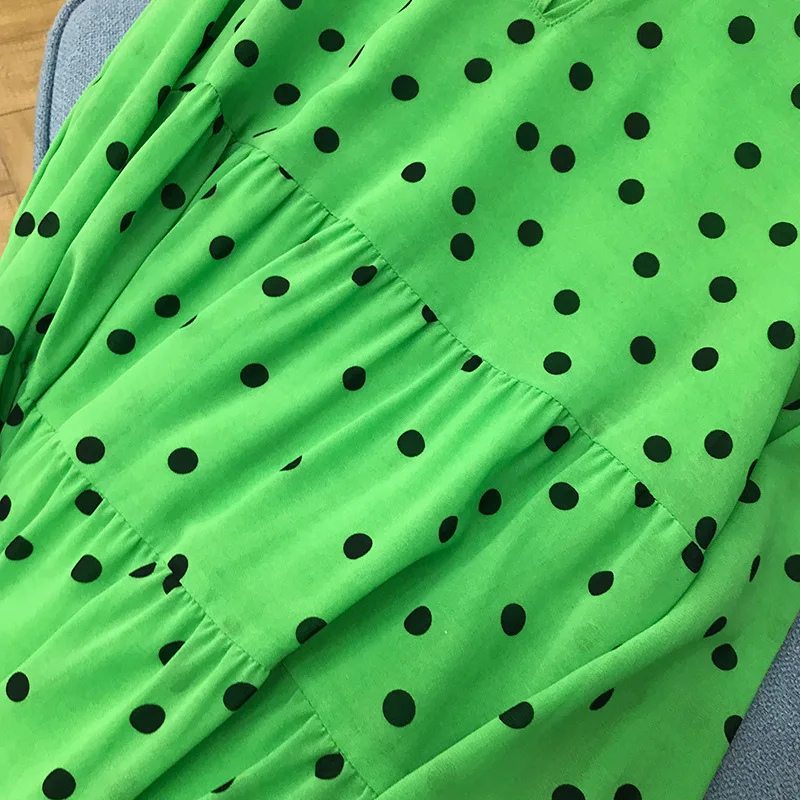 fall new deep V collar long sleeve dot print big swing loose long dress