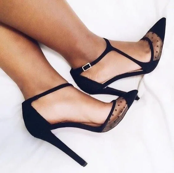 

Elegant Black Polka Dots Mesh Women Shoes High Heels Pointy Toe Ankle Strap Heels Pumps Ankle Strap Buckle Patchwork Ladies Shoe