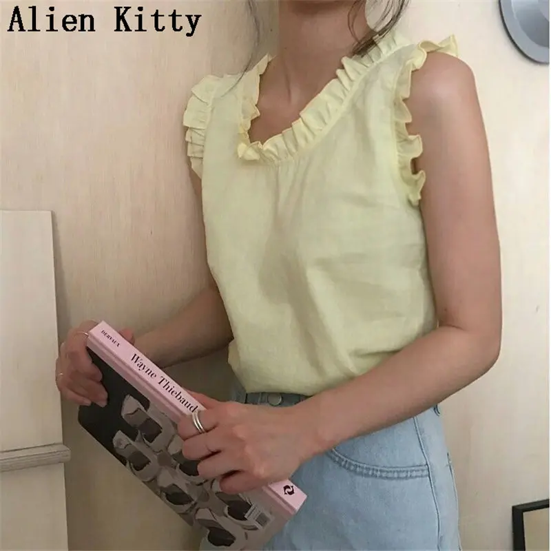 Майка Alien Kitty Женская однотонная с оборками модный пикантный жилет в Корейском