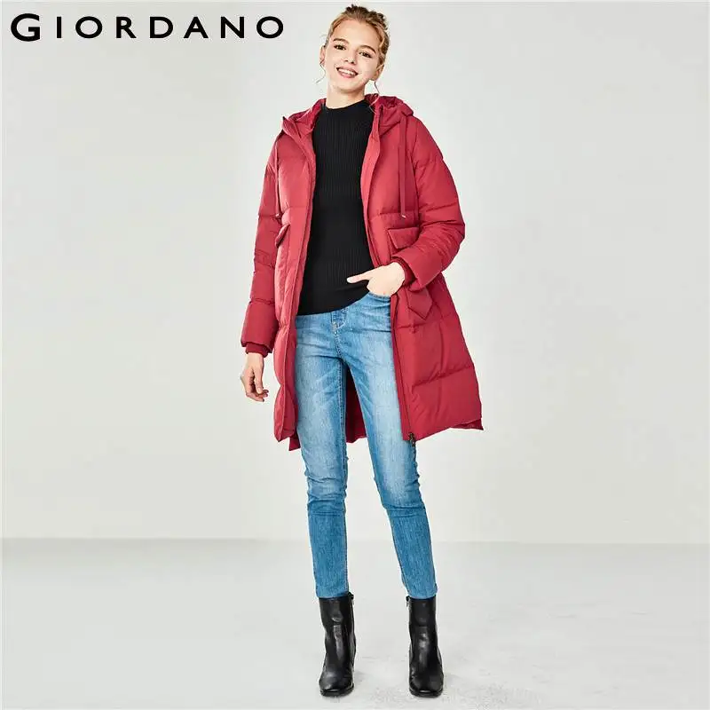 Giordano женский пуховик с длинным подолом и съемным капюшоном, Из натурального утиного пуха