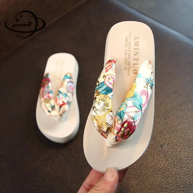 4-11y Kids Slippers Summer Girls Flip Flops Shoes Flat Print Soft Bottom Breathable Hollow Children's Bohemia Footwear Ly20