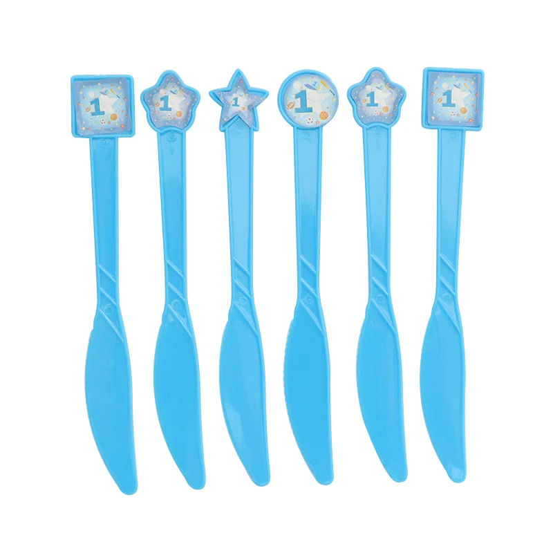 Knifes X 6pcs 1 Набор бумажных тарелок с днем рождения для детей, чашки для празднования первого дня рождения, детские салфетки, флаги, вечерние столовые приборы - Цвет: Knifes X 6pcs