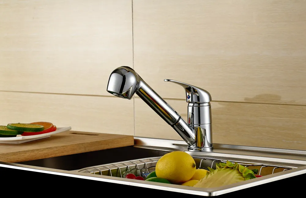 Contemporary Style Brass Chrome Plated Pull out Kitchen Mixer Tap Single Handle Deck Mounted Kitchen Faucet MK2908 - Цвет: Chrome