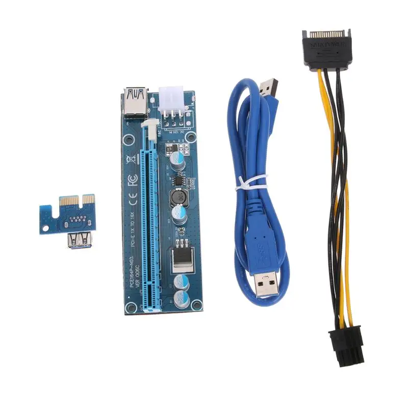 PCI E Express 1x до 16x Райзер адаптер с SATA 15pin 6pin кабелем питания 60 см USB 3 0 кабель для