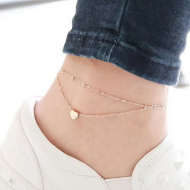 L130 New Double Layer Heart Anklets Barefoot Sandals Foot Jewelry On Ankle Female Bracelets For Women Leg Chain | Украшения и