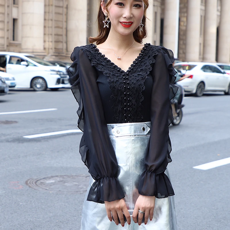 

Pink chiffon shirts fashion brands Women's Clothing Blouses v-neck lace patchwork Slim fit Female tops vestidos femininos new