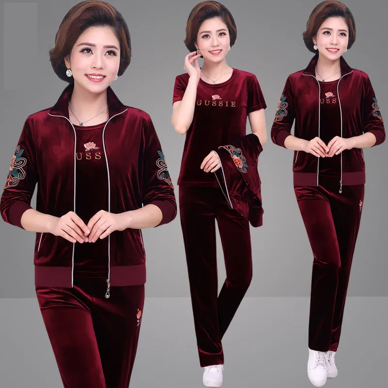 wine red Большой размер 5XL, комплект из трех предметов, Женский Повседневный Бархатный спортивный костюм для мамы, футболка с принтом, короткое пальто и штаны, свободная Спортивная одежда для бега, femme - Цвет: wine red