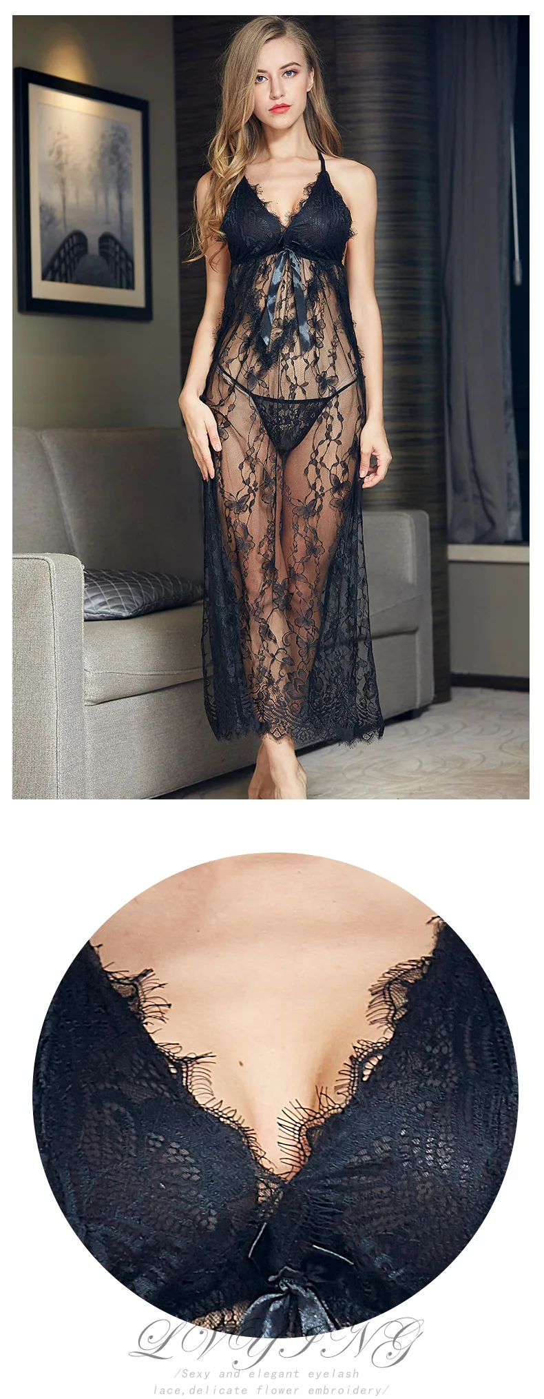 Sexy Lace Bow Perspective Split Nightgown Night Dress Solid Sleeveless Camis Stylish Long V-Neck Backless Nighty Sleepwear Modis