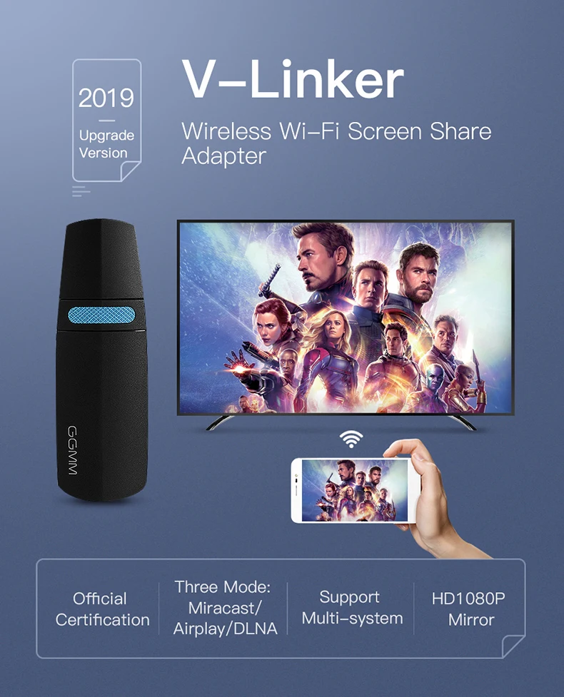 GGMM V-Linker ТВ-палка беспроводной ключ WiFi Дисплей мини HDMI донгл Поддержка 5G высокая скорость HD 1080P Miracast Chromecast AirPlay