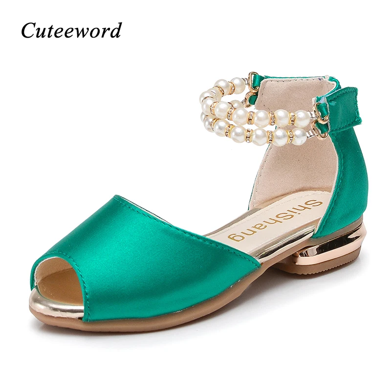 Kids Sandals Girls Princess Shoes New Summer Child Sandals Fashion Fish Mouth Pearl Girl Sandals High Heels Green Red Black