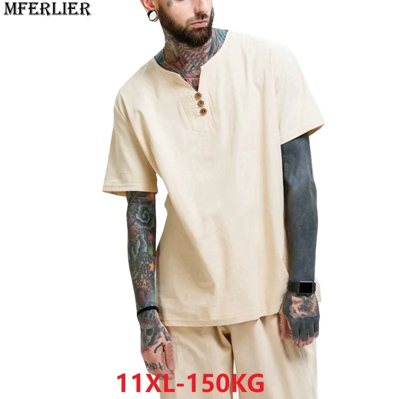 Летние мужские льняные футболки с короткими рукавами и v образным вырезом на