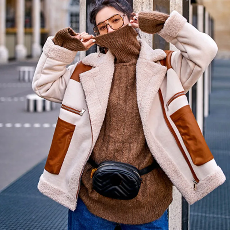 

2019 Winter Outfit Cotton-Padded Short Lambs Wool Coat Boutique High-quality Ladies Stitching Fashion Temperament Thick Jacket