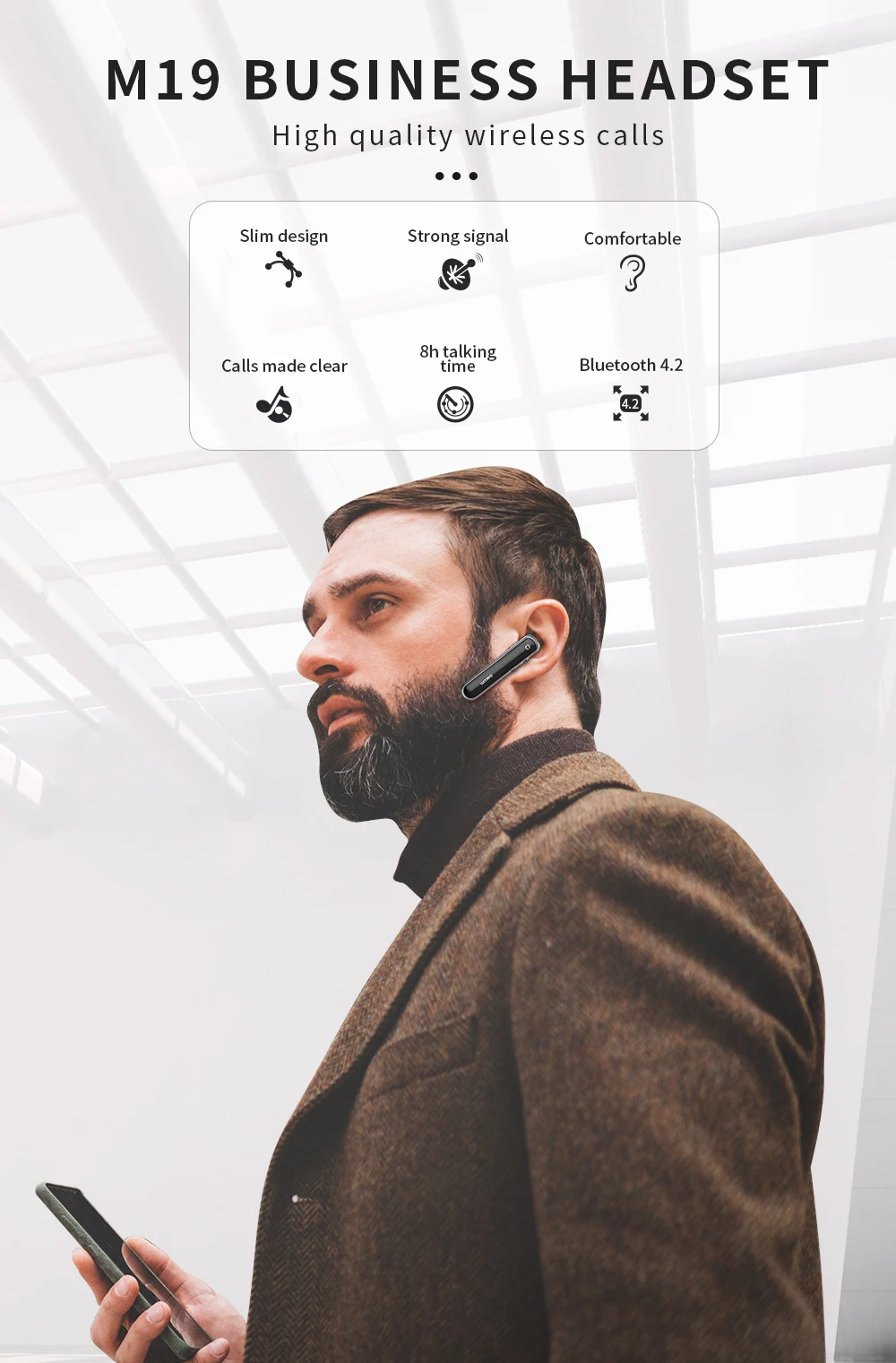 DACOM M19, bluetooth-гарнитура, деловые беспроводные наушники, набор головок для автомобиля, Bluetooth 4,2, наушник с микрофоном громкой связи для iPhone, Xiaomi