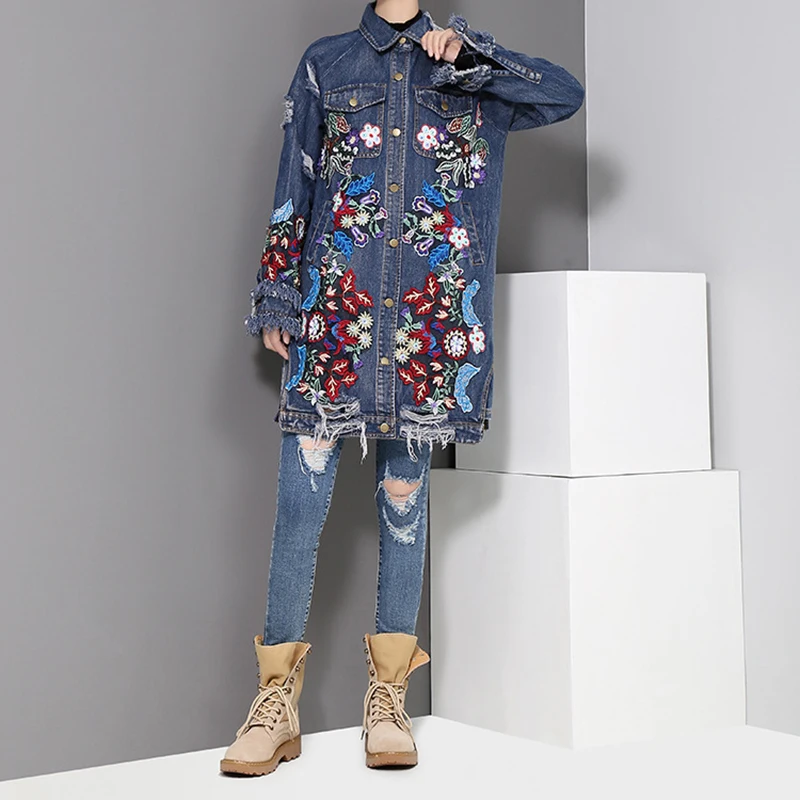 Женская джинсовая куртка бойфренда с дырками винтажная Свободная длинным