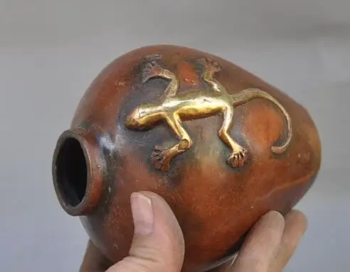 S2679 Китайский Фэншуй Бронзовый позолоченный геккон зверь счастливый статуя