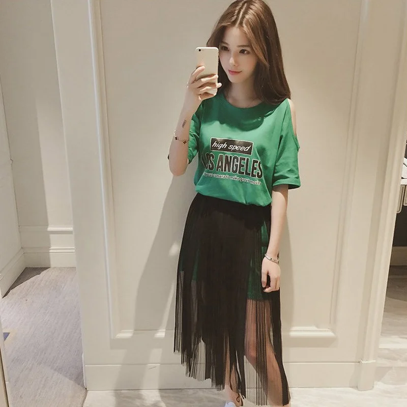 Женский комплект из двух предметов Сетчатая футболка с круглым вырезом и принтом