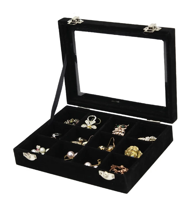 Черный/красный бархатный ящик для хранения с 12 отделениями женские аксессуары